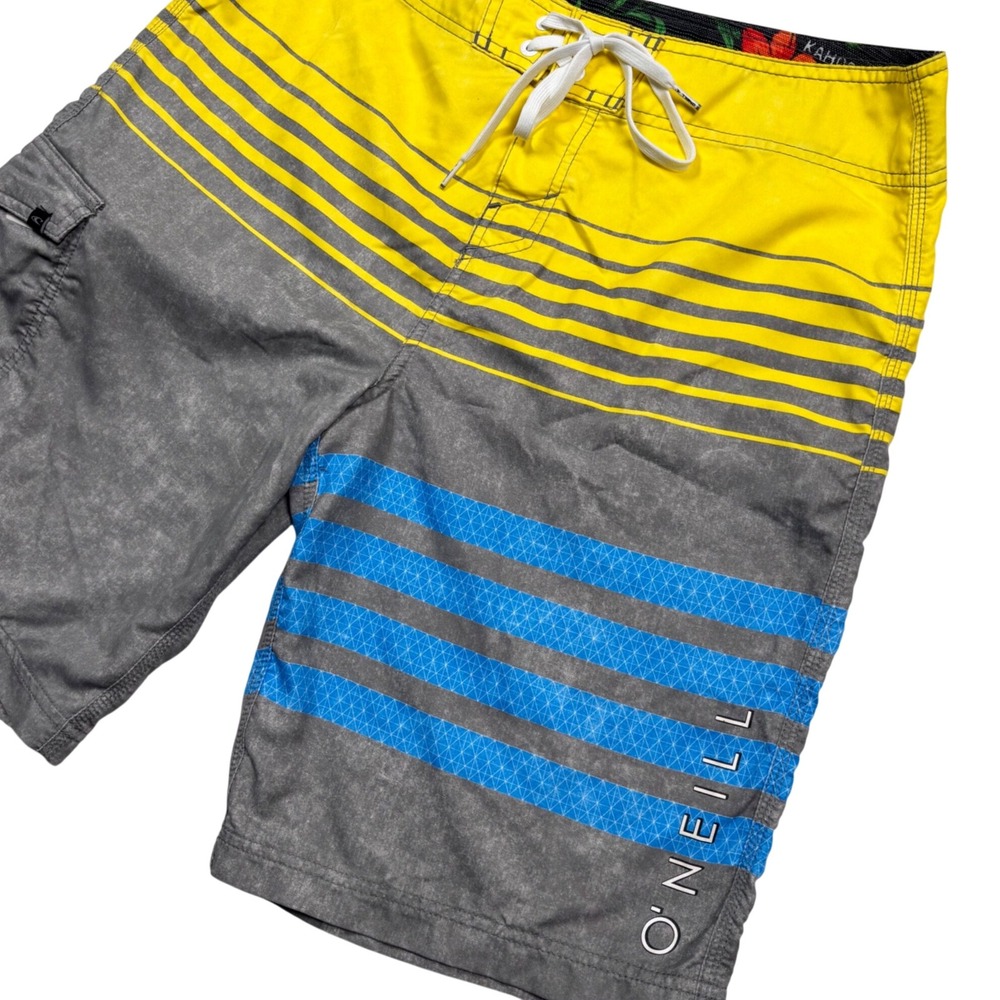 ONeill Board Short Men 33 Yellow Grey Blue Colorblock Spellout Surf Swim Trunk